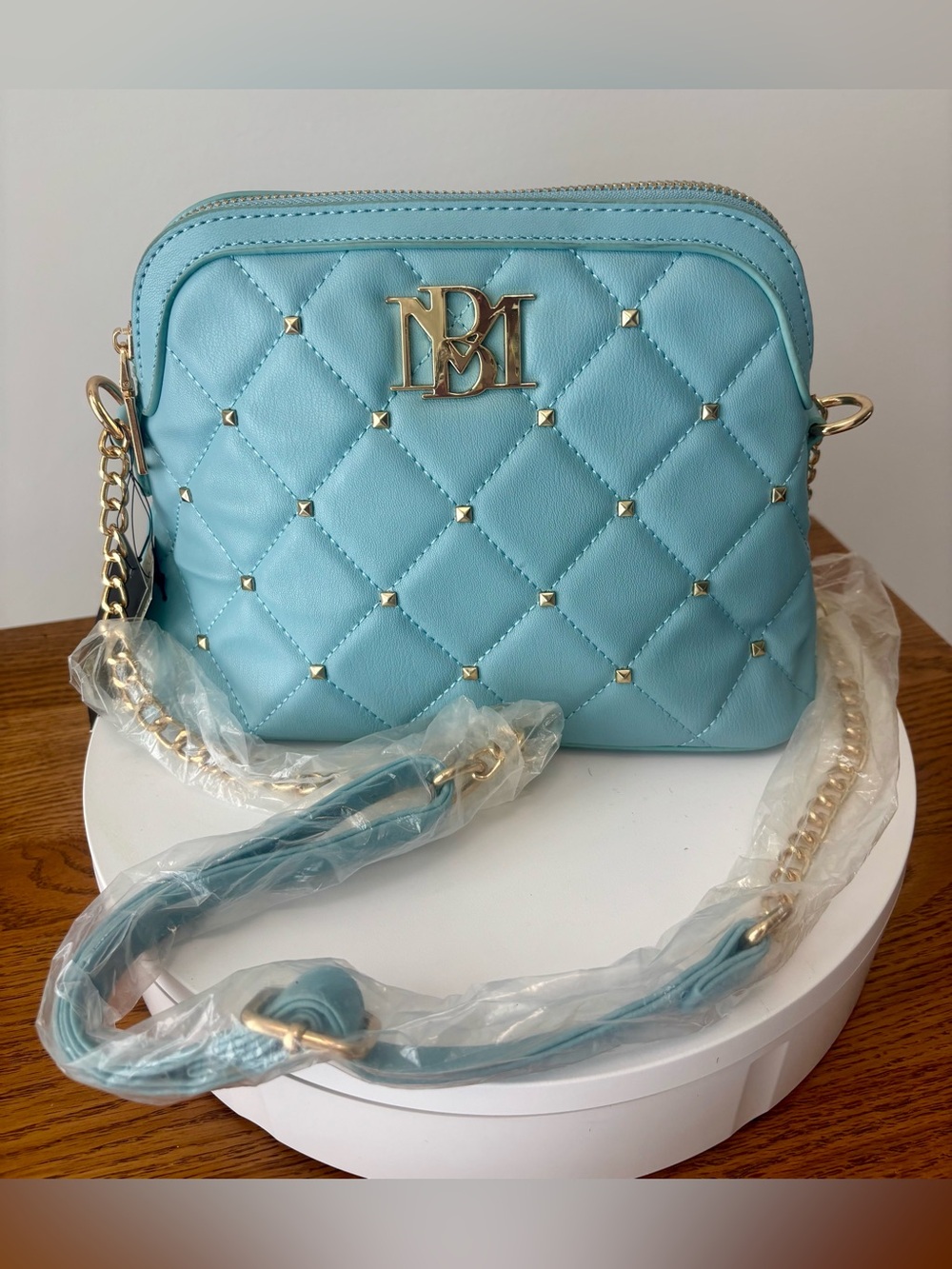 Badgley Mischka Quilted Light Blue Crossbody with Gold Tone Hardware NWT